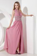 Halter Split Skirt Pink Chiffon Long Prom Dress With Beading