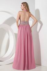 Halter Split Skirt Pink Chiffon Long Prom Dress With Beading