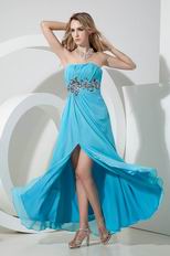 Affordable Strapless Aqua Blue Chiffon Prom Dress With Front Split