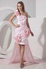 Unique One Shoulder Detachable Train Pink High Low Prom Dress