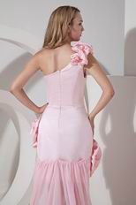 Unique One Shoulder Detachable Train Pink High Low Prom Dress