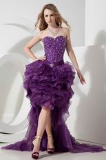 Custom High Low Ruffled Skirt Grape Prom Dress With Crystals