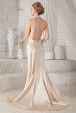 Halter Backless Champagne Satin Prom Dress With High Side Split