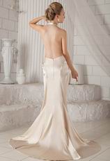 Halter Backless Champagne Satin Prom Dress With High Side Split