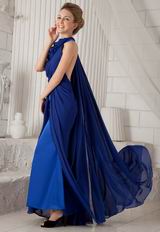 Halter Watteau Royal Blue Chiffon Customized Tailoring Prom Dress