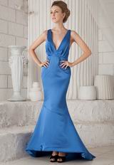 Halter V Neckline Backless Mermaid Sweep Train Blue Prom Dress