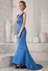 Halter V Neckline Backless Mermaid Sweep Train Blue Prom Dress