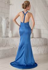 Halter V Neckline Backless Mermaid Sweep Train Blue Prom Dress
