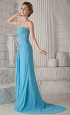 Column Strapless Front Split Skirt Aqua Blue Prom Celebrity Dress