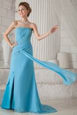 Column Strapless Front Split Skirt Aqua Blue Prom Celebrity Dress