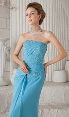 Column Strapless Front Split Skirt Aqua Blue Prom Celebrity Dress