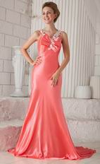 Spaghetti Straps Column Skirt Beaded Watermelon Prom Dress Petite