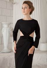 Scoop Long Sleeves Backless Black Cache Prom Dresses With Split