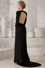 Scoop Long Sleeves Backless Black Cache Prom Dresses With Split