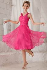 Empire Straps Tea-length Hot Pink Organza Pleated Prom Dress