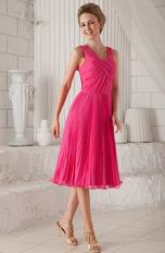 Empire Straps Tea-length Hot Pink Organza Pleated Prom Dress