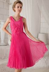 Empire Straps Tea-length Hot Pink Organza Pleated Prom Dress