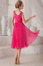 Empire Straps Tea-length Hot Pink Organza Pleated Prom Dress