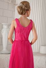 Empire Straps Tea-length Hot Pink Organza Pleated Prom Dress