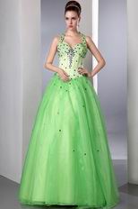 Halter Spring Green Organza Prom Dress With Purple Crystals