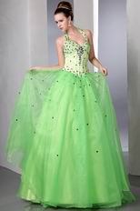 Halter Spring Green Organza Prom Dress With Purple Crystals
