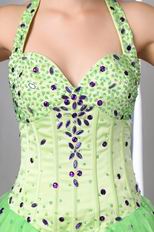 Halter Spring Green Organza Prom Dress With Purple Crystals