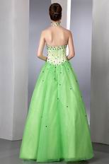 Halter Spring Green Organza Prom Dress With Purple Crystals