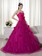 Fuchsia Trimed Quinceanera Gowns With Hand Made Flowers Online