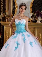 Sweetheart White Dress With Aqua Applique To Winter Quinceanera