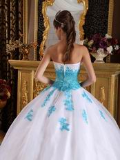 Sweetheart White Dress With Aqua Applique To Winter Quinceanera