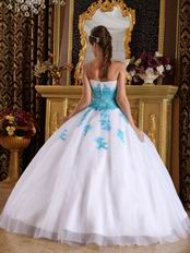 Sweetheart White Dress With Aqua Applique To Winter Quinceanera