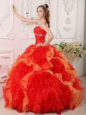 Sweetheart Red And Orange Ruffled Skirt Dress For Quinceanera