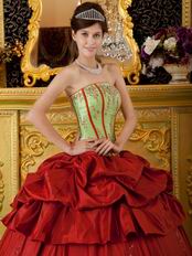 Embroidered Strapless Cardinal Red Quinceanera Puffy Dress