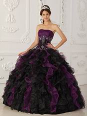 Purple And Black Ruffle Skirt Designer Quinceanera Dress