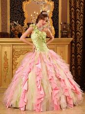 One Shoulder Interphase Pink Ruffles Skirt Quinceanera Dress