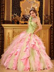 One Shoulder Interphase Pink Ruffles Skirt Quinceanera Dress