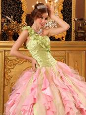 One Shoulder Interphase Pink Ruffles Skirt Quinceanera Dress