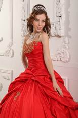 Red Evening Ball Gown With Golden Applique Decorate