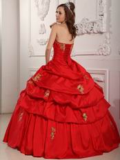 Red Evening Ball Gown With Golden Applique Decorate