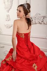 Red Evening Ball Gown With Golden Applique Decorate