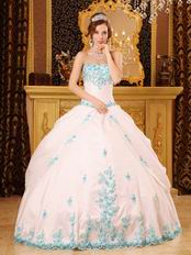 White Quinceanera Dress With Blue Appliques Dentate Bottom