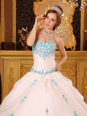 White Quinceanera Dress With Blue Appliques Dentate Bottom