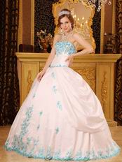 White Quinceanera Dress With Blue Appliques Dentate Bottom