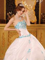 White Quinceanera Dress With Blue Appliques Dentate Bottom