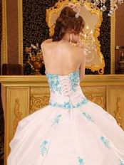 White Quinceanera Dress With Blue Appliques Dentate Bottom