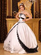 Classical Style White Evening Ball Dress With Black Embroidery