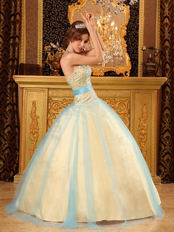 Yellow Quinceanera Girls Dress Covered With Blue Tulle