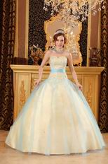 Yellow Quinceanera Girls Dress Covered With Blue Tulle