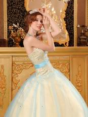 Yellow Quinceanera Girls Dress Covered With Blue Tulle
