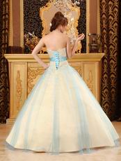 Yellow Quinceanera Girls Dress Covered With Blue Tulle